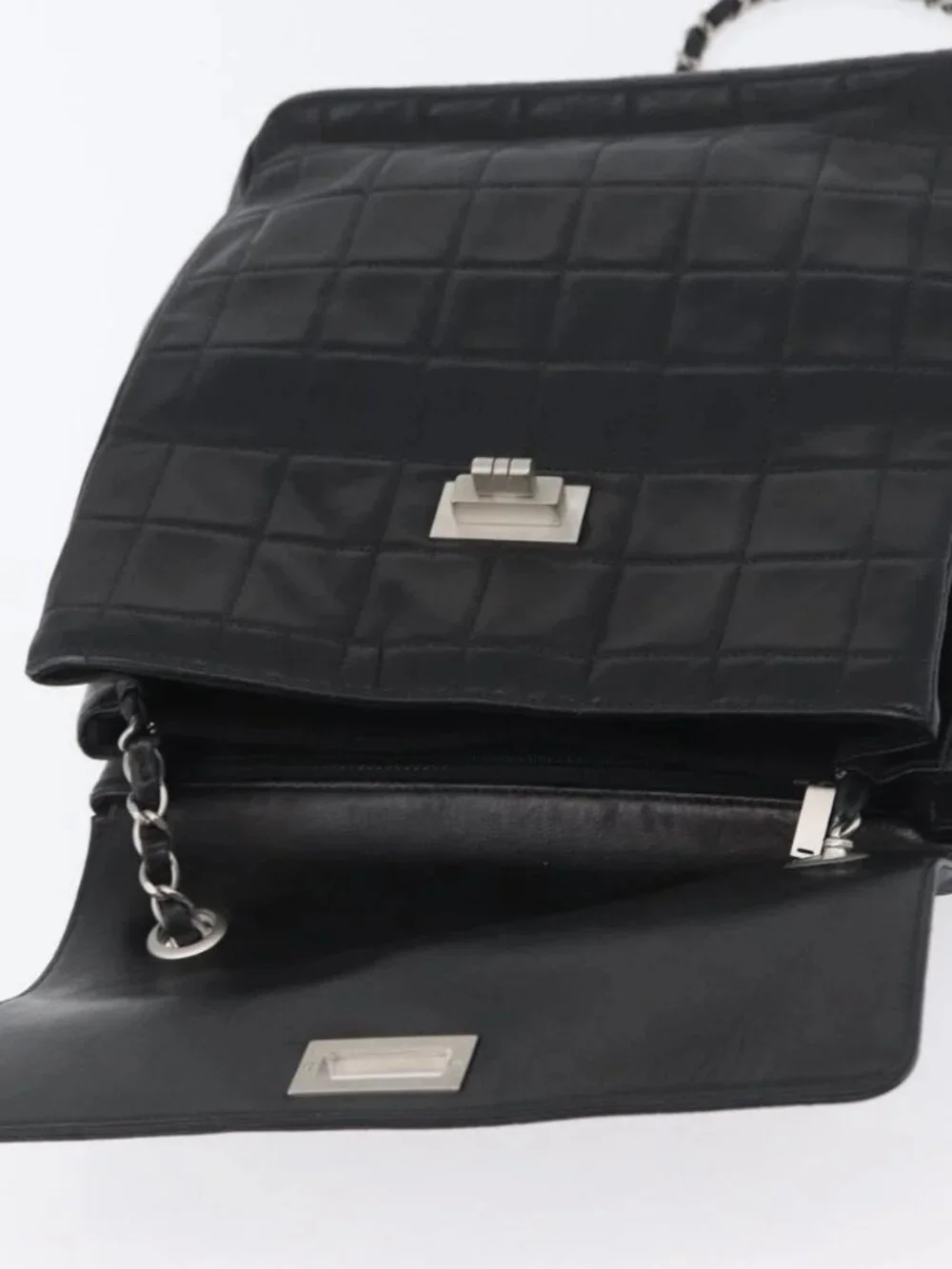 CHANEL Choco Bar Chain Shoulder Bag Lamb Skin Black Silver CC Auth bs33473